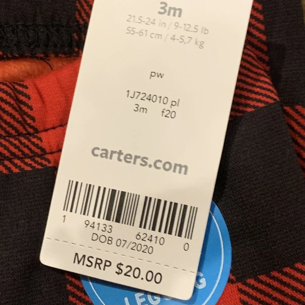 Carters Buffalo Check Cozy Fleece Lined Leggings 3 Months New with Tags Red Nice